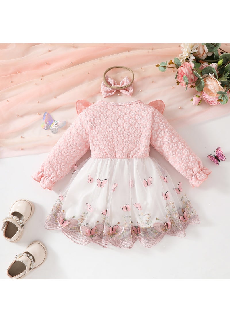 Baby Girl Birthday Party Dress, 18-24M, Baby Pink Elegant Floral Tulle Dress with Butterfly Bow, Special Occasion Toddler Outfit, Long Sleeve Princess Dress - Image 2