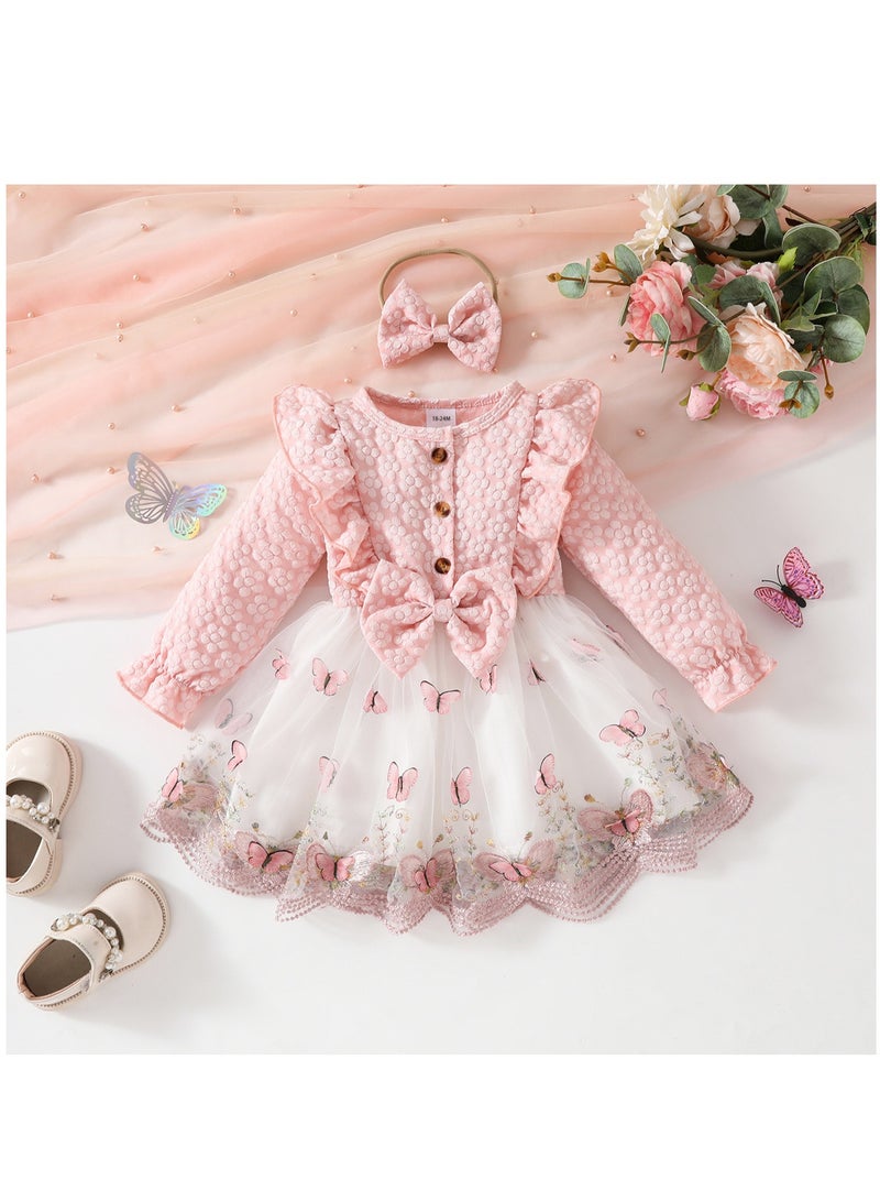 Baby Girl Birthday Party Dress, 18-24M, Baby Pink Elegant Floral Tulle Dress with Butterfly Bow, Special Occasion Toddler Outfit, Long Sleeve Princess Dress - Image 1
