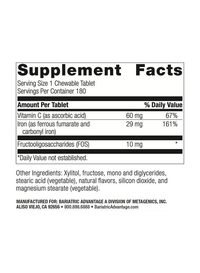 Bariatric Advantage مكمل الحديد القابل للمضغ من بارياتريك أدفانتج 29 ملغ - لمرضى جراحة السمنة - حديد مع فيتامين سي - بدون طعم حديد - مكمل الحديد الفيروزي والفيروزي الفومارات - فاكهة العاطفة - 180 حبة - Image 2