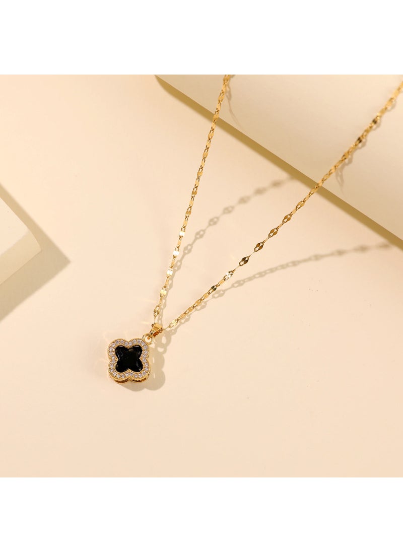 Generic - Fashionable Korean Style Womens Necklace With Four Leaf Flower And Diamond Inlaid Titanium Steel Pendant For Live Broadcast X0188 Black Four-leaf Flower Necklace {Pendant Together} - Image 1