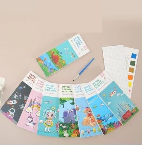 Qolixs Pocket Watercolor Book - 20 Sheets Water Painting Patterns With Art Brush for Kids, Toddlers - Cartoon Painting Kit - Portable Travel Watercolor Set - Image 2