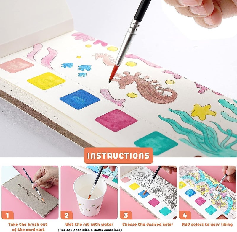 Qolixs Pocket Watercolor Book - 20 Sheets Water Painting Patterns With Art Brush for Kids, Toddlers - Cartoon Painting Kit - Portable Travel Watercolor Set - Image 5