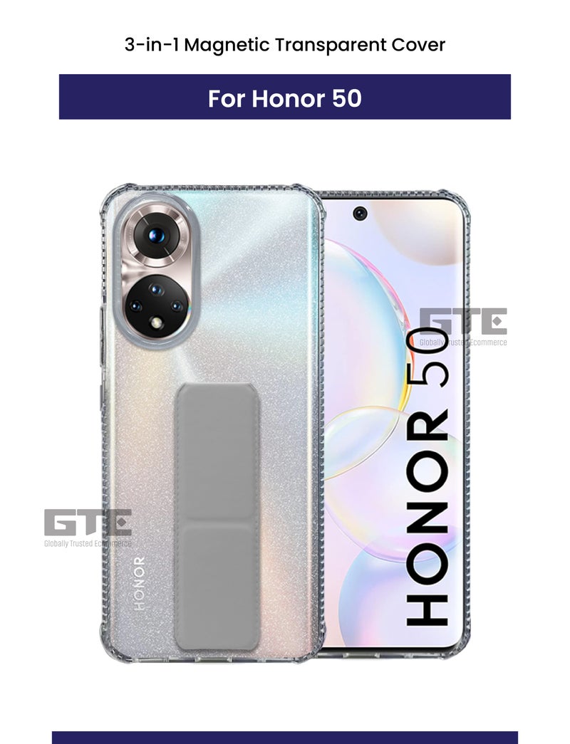 3-in-1 Magnetic Transparent Wrist Strap Hand Grip Stand Back Case Cover for Honor 50 5G, Finger Grip Soft Cover,Stand Holder TPU Case,Kickstand-Clear/Grey