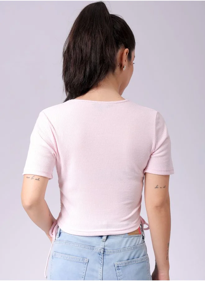 مرفوعة Women Flared Pink Solid Scoop Neck Short Sleeve Top