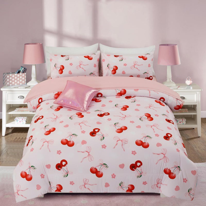 Aimuan Pink Cherries Comforter Set Cartoon Love Hearts Flowers and Grass Bedding Set for Girls Boys Kids Lightweight Soft 6 Piece with 2 Pillow Covers (Pink Red, Twin 6Pcs) - Image 1