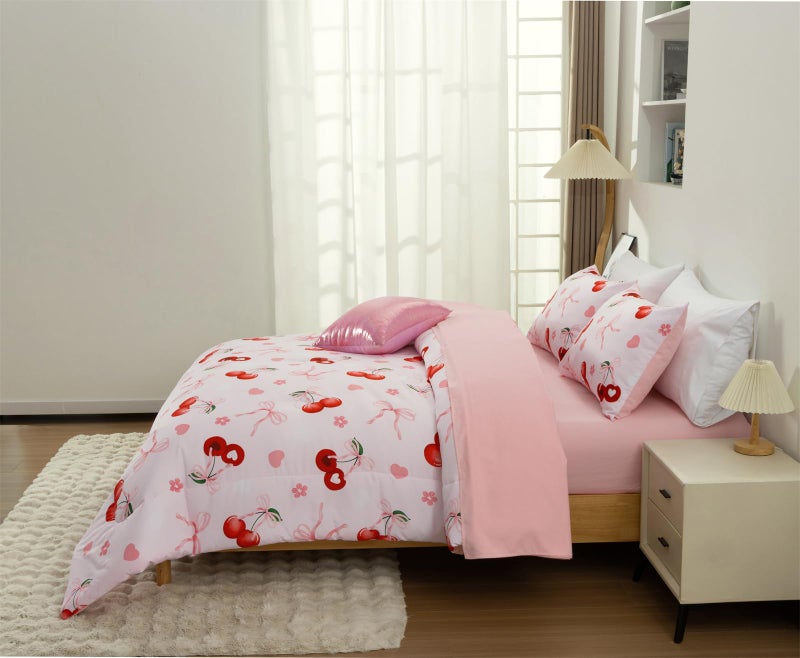 Aimuan Pink Cherries Comforter Set Cartoon Love Hearts Flowers and Grass Bedding Set for Girls Boys Kids Lightweight Soft 6 Piece with 2 Pillow Covers (Pink Red, Twin 6Pcs) - Image 2