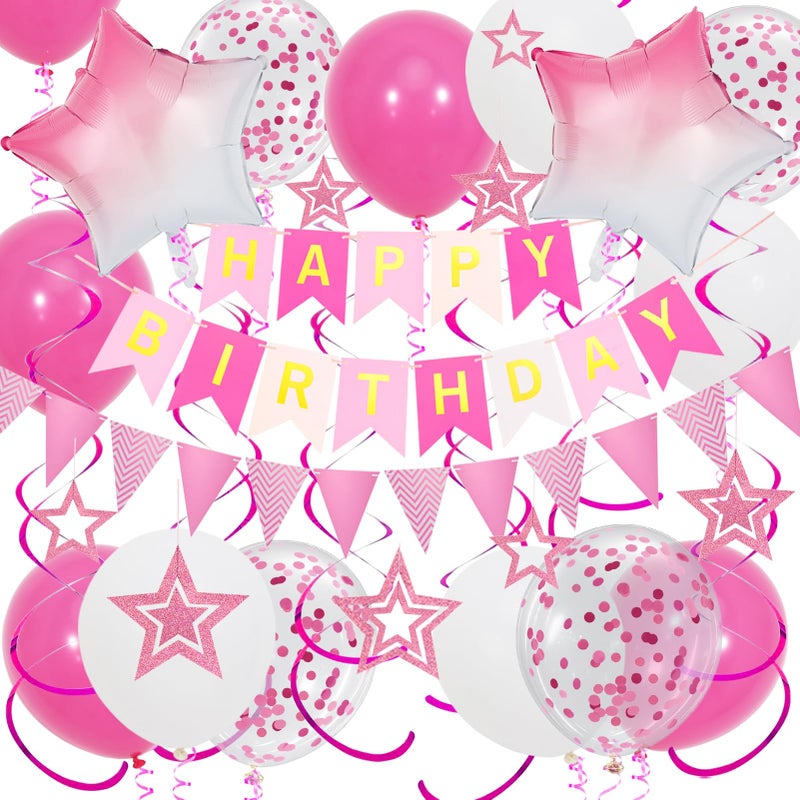 Douvelue Pink Birthday Decorations Happy Birthday Banner and Pink Star Balloons Glitter Hanging Stars with Hanging Swirls Bunting Banner for Women Girls Party Decoration - Image 2