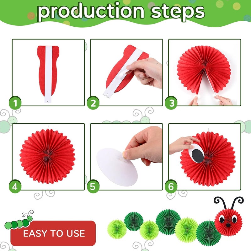 Hortsun Hortsun 10 Pcs Caterpillar Paper Fans 12 Inch 8 Inch Set of 2 Caterpillar Themed Birthday Party Decorations with Eyes Mouth Feelers and Glue Point for Ceiling Hanging Decor  - Image 4