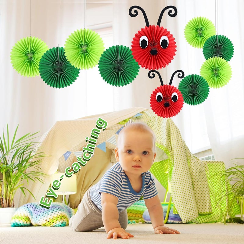 Hortsun Hortsun 10 Pcs Caterpillar Paper Fans 12 Inch 8 Inch Set of 2 Caterpillar Themed Birthday Party Decorations with Eyes Mouth Feelers and Glue Point for Ceiling Hanging Decor  - Image 5