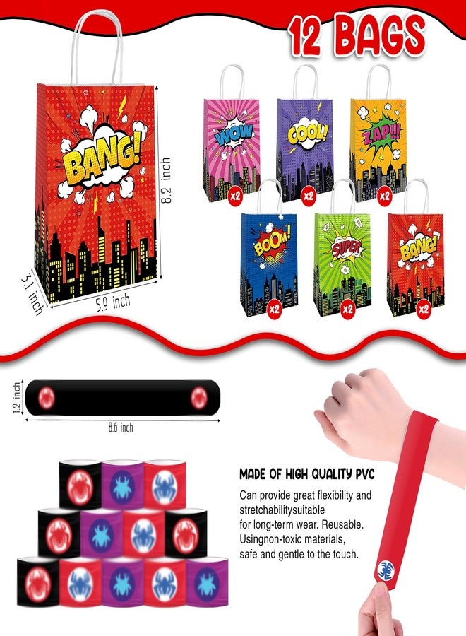 Time4Relax 60Pcs Superhero Party Favor for Kids Birthdays, Gifts for Boys-Girls and Amazing Friends, Action Hero Supplies, Spider Decorations, Includes Masks, Slap Bracelets, Bags, Stickers, Sticky Web - Image 5