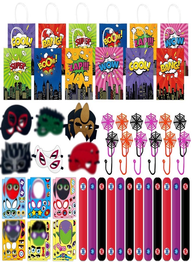 Time4Relax 60Pcs Superhero Party Favor for Kids Birthdays, Gifts for Boys-Girls and Amazing Friends, Action Hero Supplies, Spider Decorations, Includes Masks, Slap Bracelets, Bags, Stickers, Sticky Web - Image 1