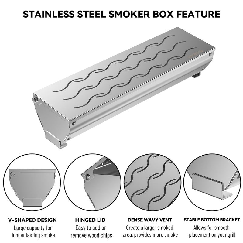 Skyflame Stainless Steel Wood Chip Smoker Box, BBQ Meat Smoking with Wavy Vent and Hinged Lid, Large Capacity for Gas/Charcoal Grill, V Shape with Flat Base Bottom - Image 3