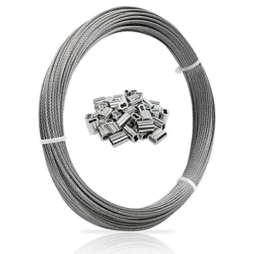 Monkemon 1/16 Wire Rope, 100FT 304 Stainless Steel Cable with 50Pcs Crimp Sleeves, Aircraft Grade, 7x7 Strand, 368lbs Breaking Strength, for Garden Trellis, Clothesline, Railing,Trellis - Image 1