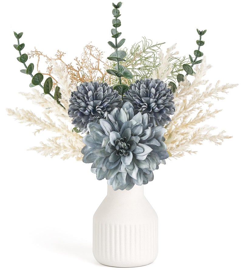 Mkono Small Artificial Flowers in Ceramic Vase 135 Centerpieces Coffee Table Decor Silk Flower Arrangements for Home Decor Indoor Fake Flower Bouquet for Bathroom Dining Room Kitchen Wedding Blue