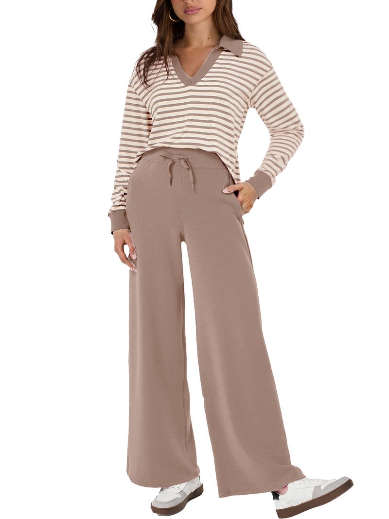 Glamaker Womens Sets 2 Piece Outfits Striped Casual Loose Long Sleeve Sweatsuits Matching Pants SetsTravel Outfits Striped Taupe L