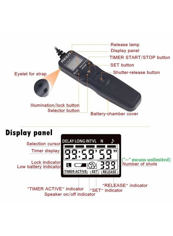 PHOLSY N8 Timer Remote Control Cable with Intervalometer for Nikon Z8, Z9, D3, D4, D5, D6, D800, D850, D810, D700, D500, D300, D200, F6, F100, F5, F90, N90s, D1X, D2H, D3X, Replaces Nikon MC-36A - Image 5