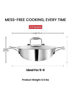 VINOD Vinod Platinum Triply Stainless Steel Kadai with Lid (26cm, 3.7L) | 2.5 mm Thick | Triply Kadai with Heavy Bottom | Induction Friendly Triply Stainless Steel Cookware Kadhai | 5 Year Warranty 