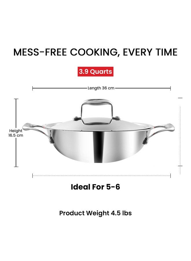 VINOD Vinod Platinum Triply Stainless Steel Kadai with Lid (26cm, 3.7L) | 2.5 mm Thick | Triply Kadai with Heavy Bottom | Induction Friendly Triply Stainless Steel Cookware Kadhai | 5 Year Warranty 