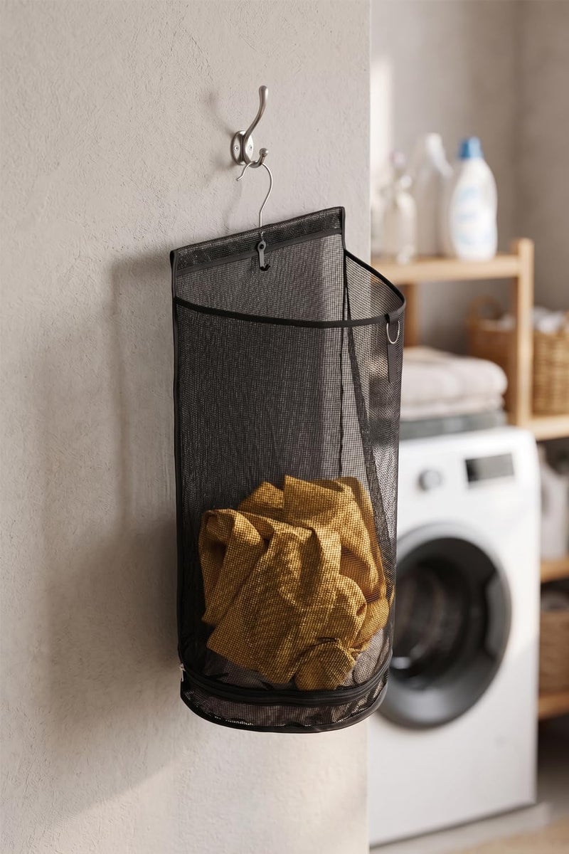 ALYER Hanging Semi Round Storage Mesh Bag,Collapsible Laundry Hamper Basket with Durable Hanger (Black) - Image 5