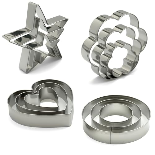 VTUGP Stainless Steel Cookie Cutters Set 12Pcs - Heart, Flower, Round, Five Star Shapes - Small to Mini Size, Metal Biscuit Cutter Molds for Baking or Holiday Party Decorations - Image 1