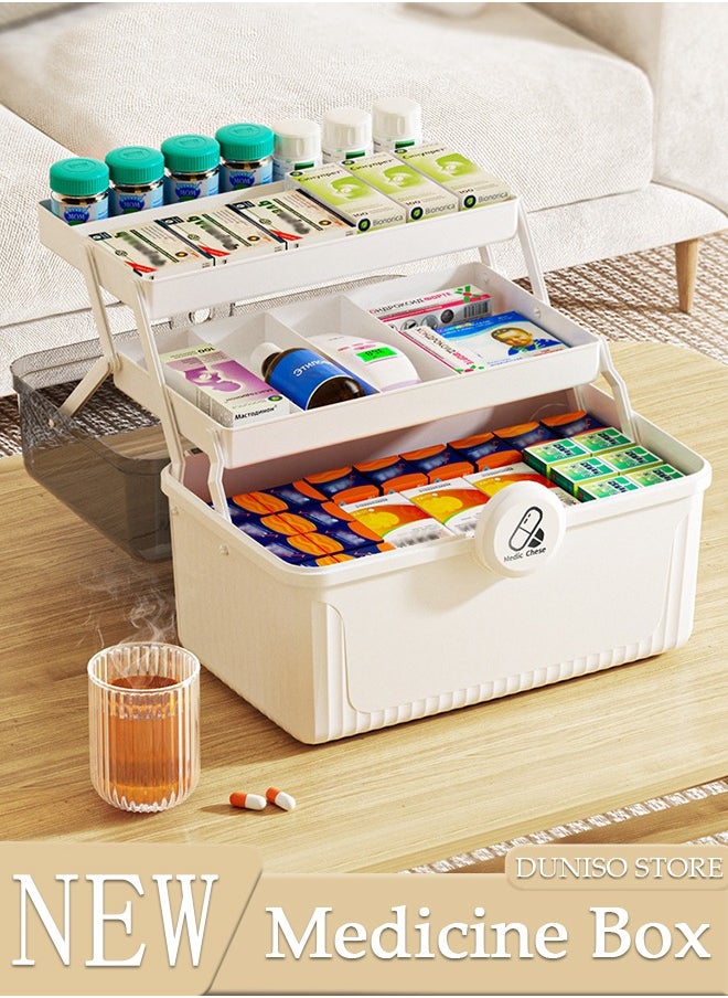 DUNISO Medicine Box Plastic Medicine Storage Box Family Emergency Kit Medical Kit 3 Layers Home First Aid Box Child Proof Medicine Box Organizer Pill Case with Compartments and Handle  - Image 1