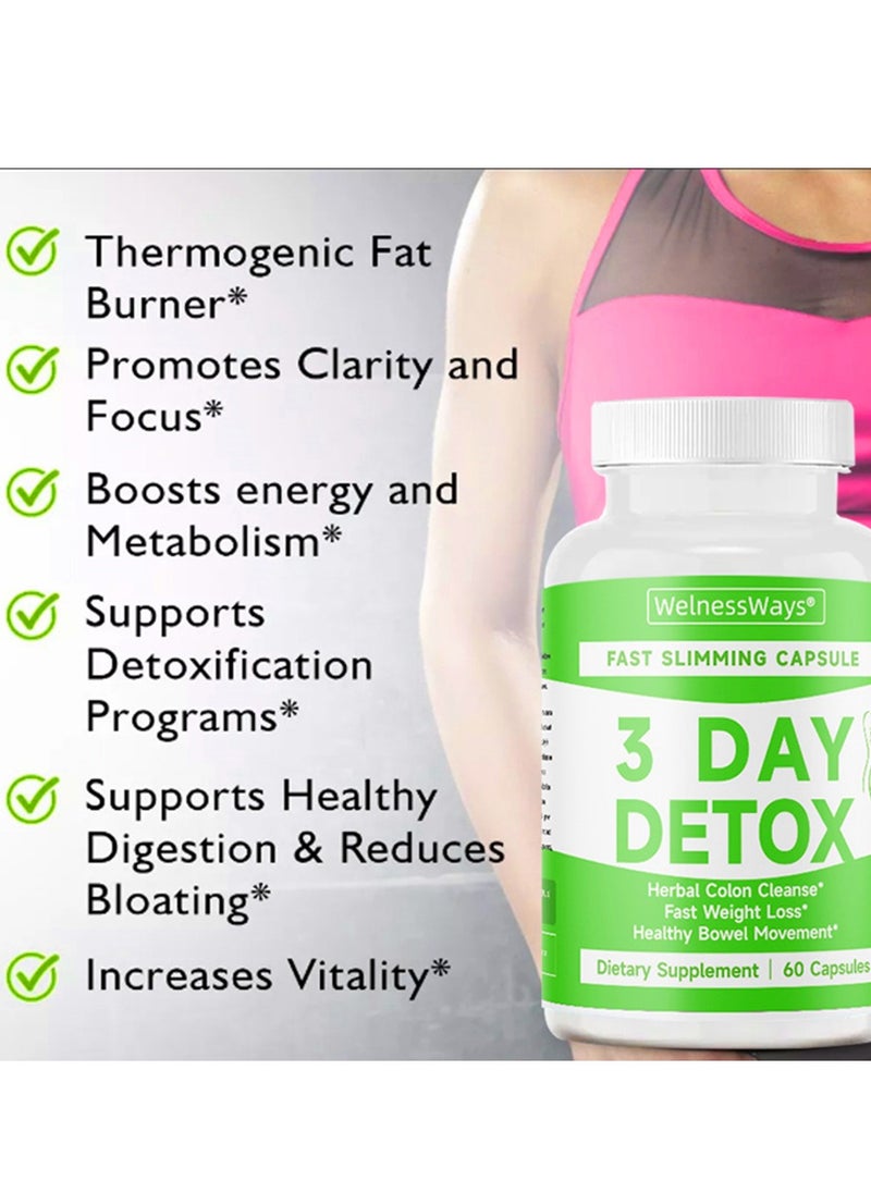 3-Day Fast-Acting Detox & Slimming Capsules | Herbal Colon Cleanse + Rapid Fat Burning | 60 Capsules Dietary Supplement