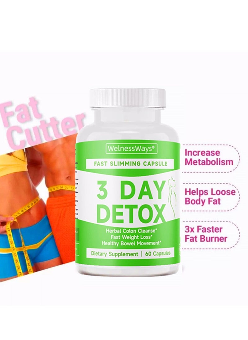 3-Day Fast-Acting Detox & Slimming Capsules | Herbal Colon Cleanse + Rapid Fat Burning | 60 Capsules Dietary Supplement