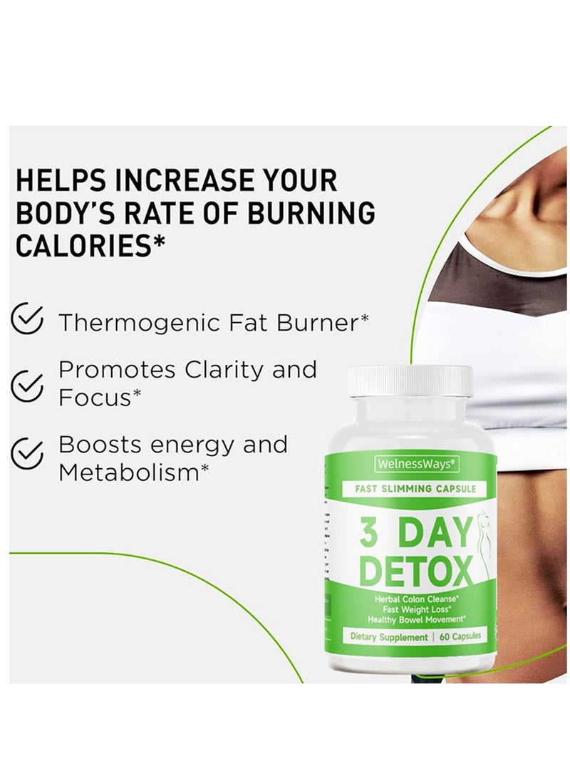 3-Day Fast-Acting Detox & Slimming Capsules | Herbal Colon Cleanse + Rapid Fat Burning | 60 Capsules Dietary Supplement