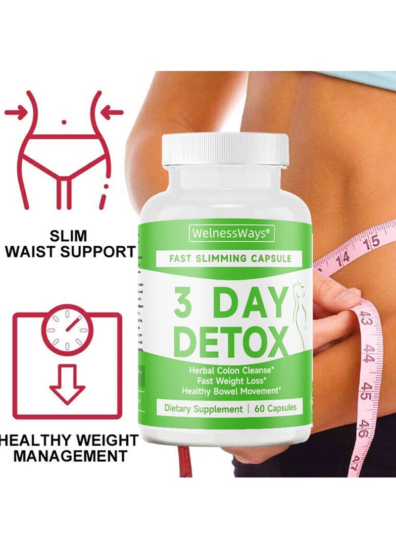 3-Day Fast-Acting Detox & Slimming Capsules | Herbal Colon Cleanse + Rapid Fat Burning | 60 Capsules Dietary Supplement