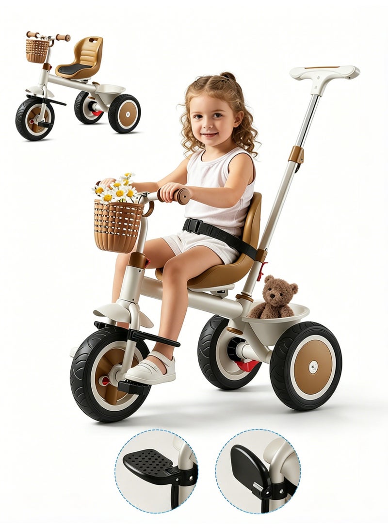 MaBaby 2 In 1 Kids Tricycles for Toddler, with Storage Basket, Adjustable Seat and Removable Push Handle, Durable Titanium Wheels, Kids Trike for 1-6 Years Boys and Girls Indoor Outdoor (Beige) - Image 1