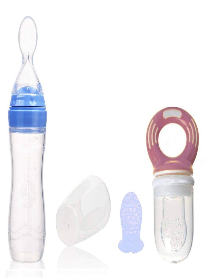 BCARE Bpa-Free Soft Silicone Sipper Juice Milk Rice Spoon Feeding Bottle with Fruit Nibbler Combo Set for Newborn Baby Infants Kids 0-6 Months 120ml Pack of 1 (Blue, 120ml) - Image 1