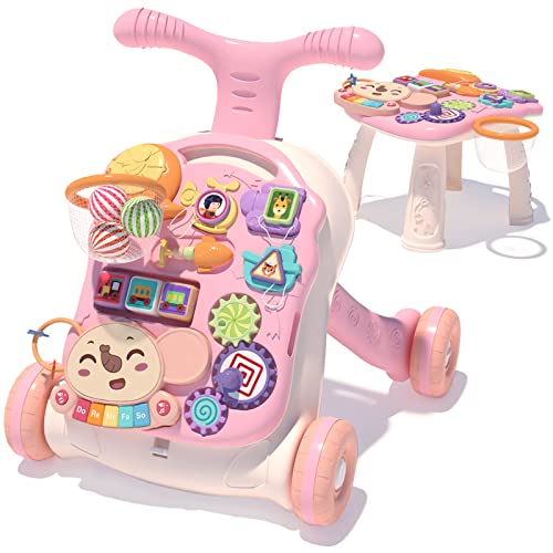 QDRAGON 3 in 1 Baby Walker and Activity Center for Girl, Learning to Walk, Sit to Stand, Early Educational Push Toys with Music Panel for Infant Toddler 12+ Months Pink - Image 1