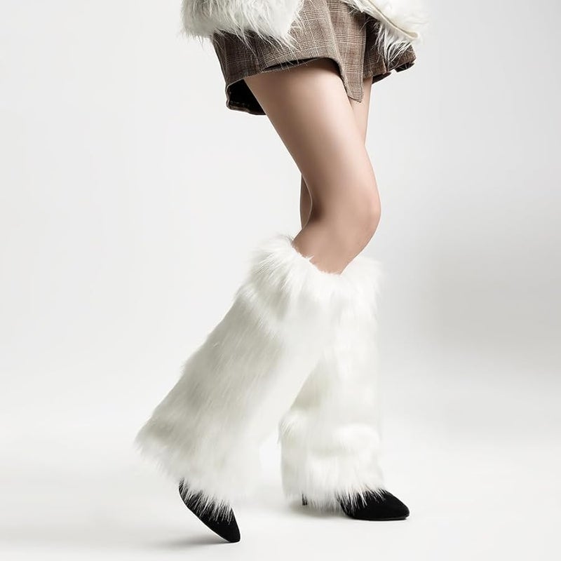 White Faux Fur Leg Warmers For Women Girls Winter Long Boot Sleeves Costume - Image 5