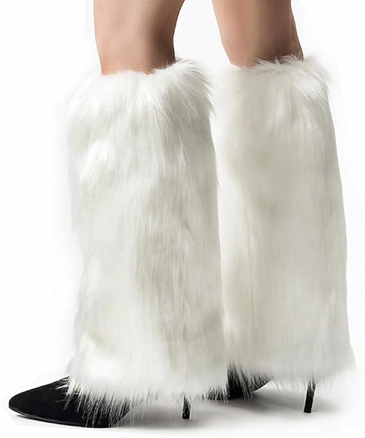 White Faux Fur Leg Warmers For Women Girls Winter Long Boot Sleeves Costume - Image 2