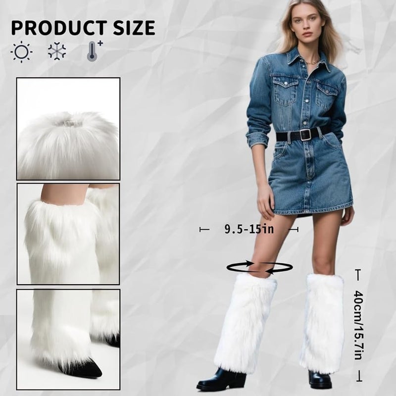 White Faux Fur Leg Warmers For Women Girls Winter Long Boot Sleeves Costume - Image 3