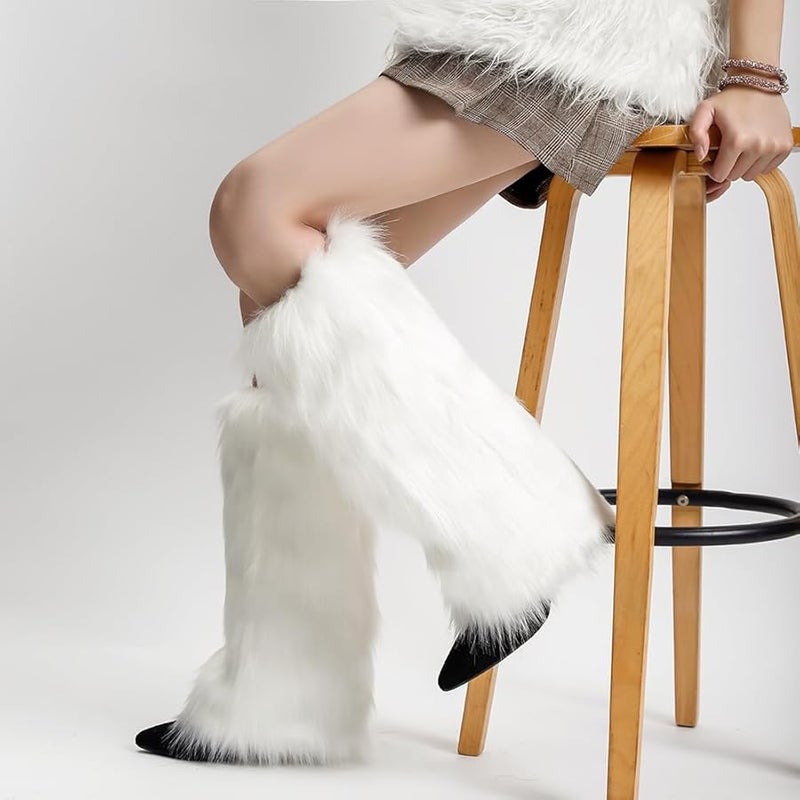 White Faux Fur Leg Warmers For Women Girls Winter Long Boot Sleeves Costume - Image 4