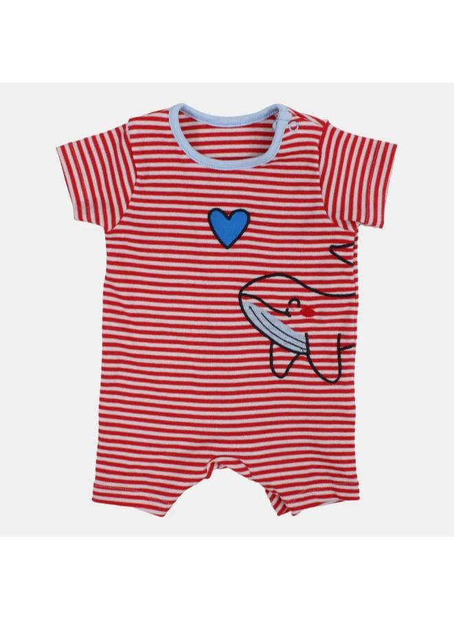 Berceau Unisex Baby Cotton Romper – Red Striped with Shark Design - Image 1