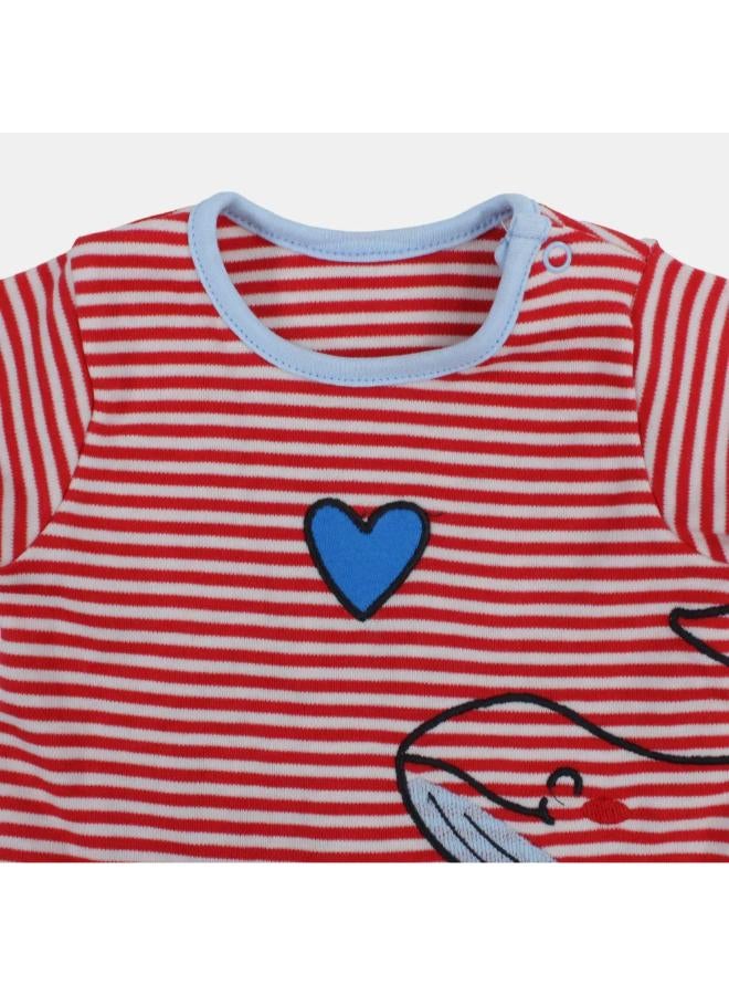 Berceau Unisex Baby Cotton Romper – Red Striped with Shark Design - Image 3