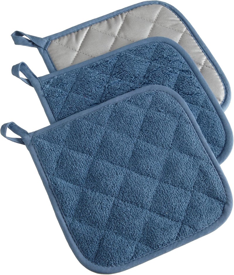 DII Basic Terry Collection Quilted 100% Cotton Potholder Set - Blue, 3 Piece - Image 1