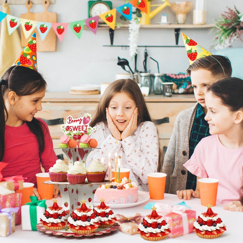 Haooryx Strawberry Cupcake Stand - 3 Tier Berry Sweet Red Plaid Cupcake Tower Cardboard Dessert Holder Pastry Platter for Baby Shower Girls Birthday Spring Summer Holiday Party Table Decoration Supply - Image 5