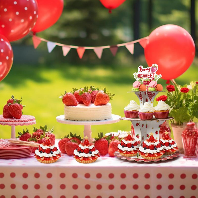 Haooryx Strawberry Cupcake Stand - 3 Tier Berry Sweet Red Plaid Cupcake Tower Cardboard Dessert Holder Pastry Platter for Baby Shower Girls Birthday Spring Summer Holiday Party Table Decoration Supply - Image 4