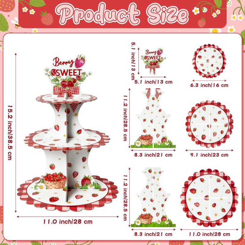 Haooryx Strawberry Cupcake Stand - 3 Tier Berry Sweet Red Plaid Cupcake Tower Cardboard Dessert Holder Pastry Platter for Baby Shower Girls Birthday Spring Summer Holiday Party Table Decoration Supply - Image 2