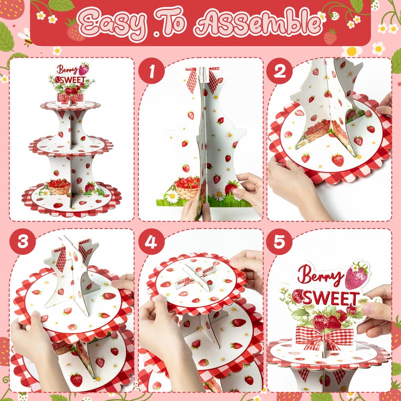 Haooryx Strawberry Cupcake Stand - 3 Tier Berry Sweet Red Plaid Cupcake Tower Cardboard Dessert Holder Pastry Platter for Baby Shower Girls Birthday Spring Summer Holiday Party Table Decoration Supply - Image 3