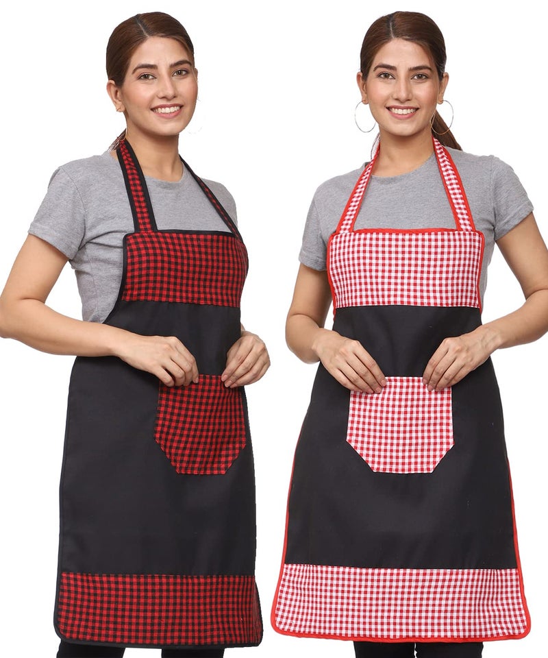 JMi Check and Plain Fabric Designer Waterproof Apron With Front Multi Purpose Pocket For Kitchen, Cooking, Dusting, Home. (Pack of 2) - Image 1