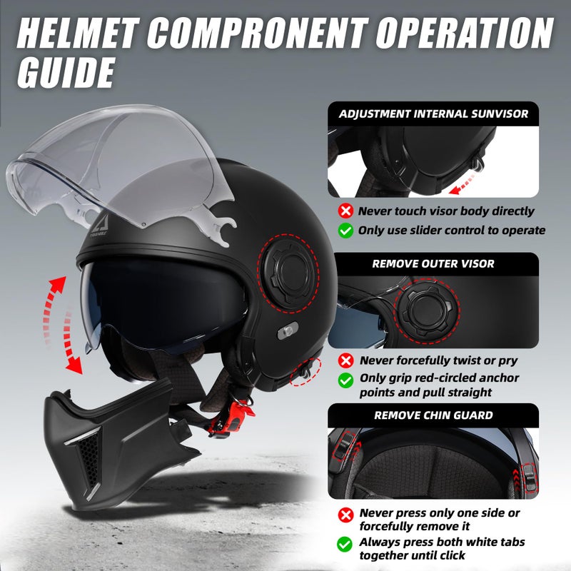 TRIANGLE Full Face Motorcycle Helmets,Off-Road Motocross Helmet for Men & Women,Dual Visor with Internal Tinted Sunshield,Open Face 3/4 Adult Racing Helmet DOT Approved(Black,L) - Image 4