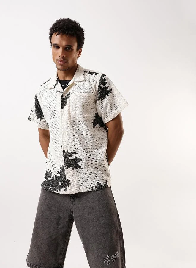 Hubberholme Men's Black 100% Cotton Washed Pattern Button Down Oversized Shirt