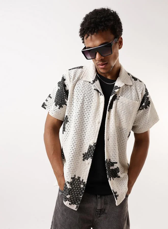Hubberholme Men's Black 100% Cotton Washed Pattern Button Down Oversized Shirt