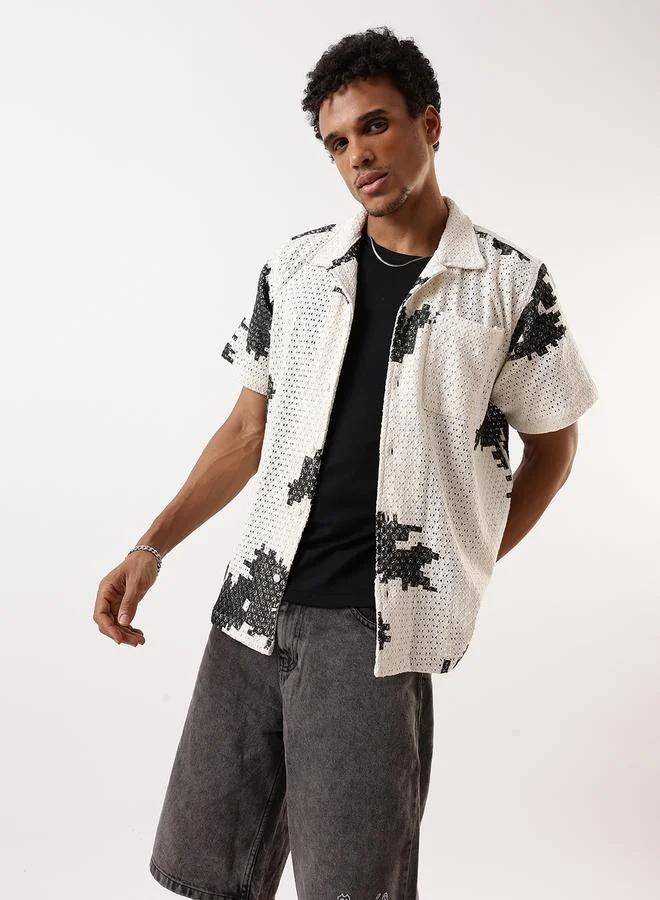 Hubberholme Men's Black 100% Cotton Washed Pattern Button Down Oversized Shirt