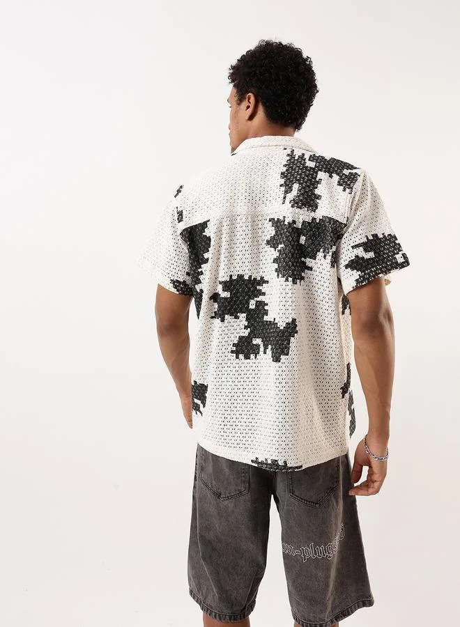 Hubberholme Men's Black 100% Cotton Washed Pattern Button Down Oversized Shirt