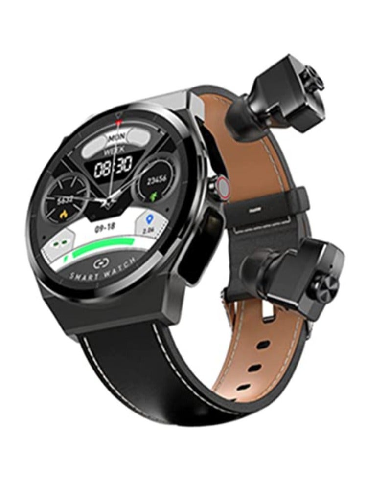 AROAQ JM08 Smart Watch with Built-In TWS Earbuds 2-in-1 Bluetooth Calling and Wireless Music Playback Fitness Tracker Black Leather